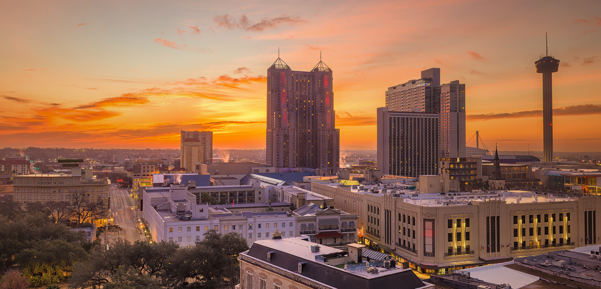 View of downtown San Antonio skyline during sunrise