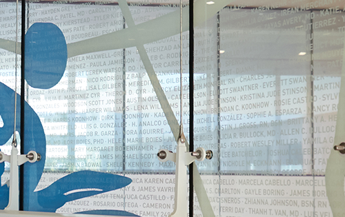 Close up shot of the Mother Bird Donor Wall showcasing a few donor names etched into the glass.