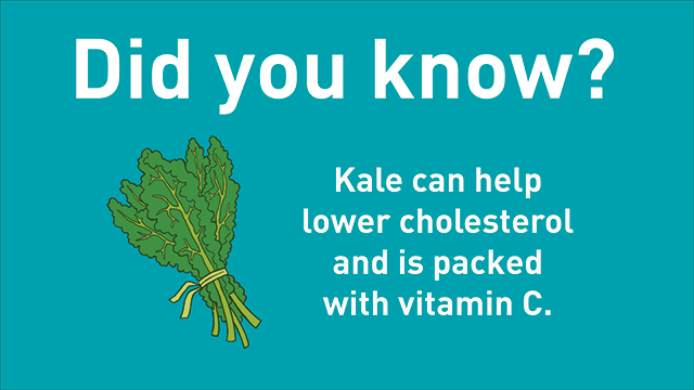 Illustration of kale with this text: Did you know? Kale can help lower cholesterol and is packed with vitamin C