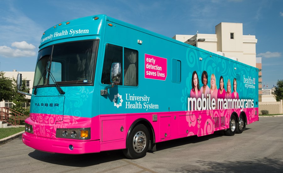 university health mobile mammogram bus parked 