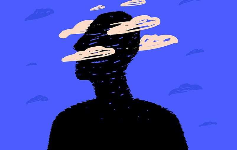 Illustration of a person with their head in the clouds.
