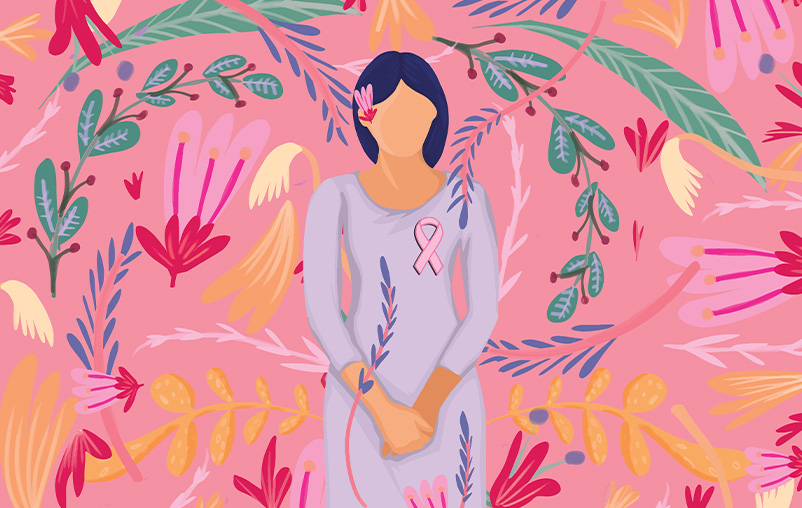 Breast Cancer Awareness month illustration with ribbon and woman