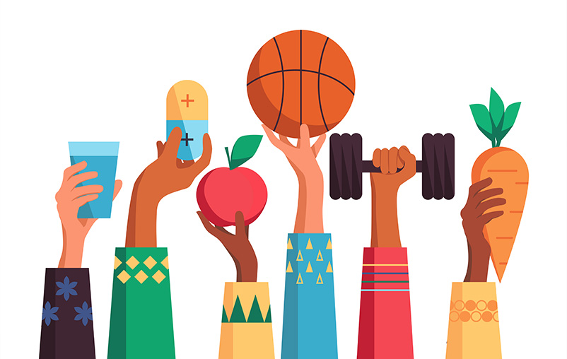 Healthy lifestyle illustration. Eating healthy and practicing sports.