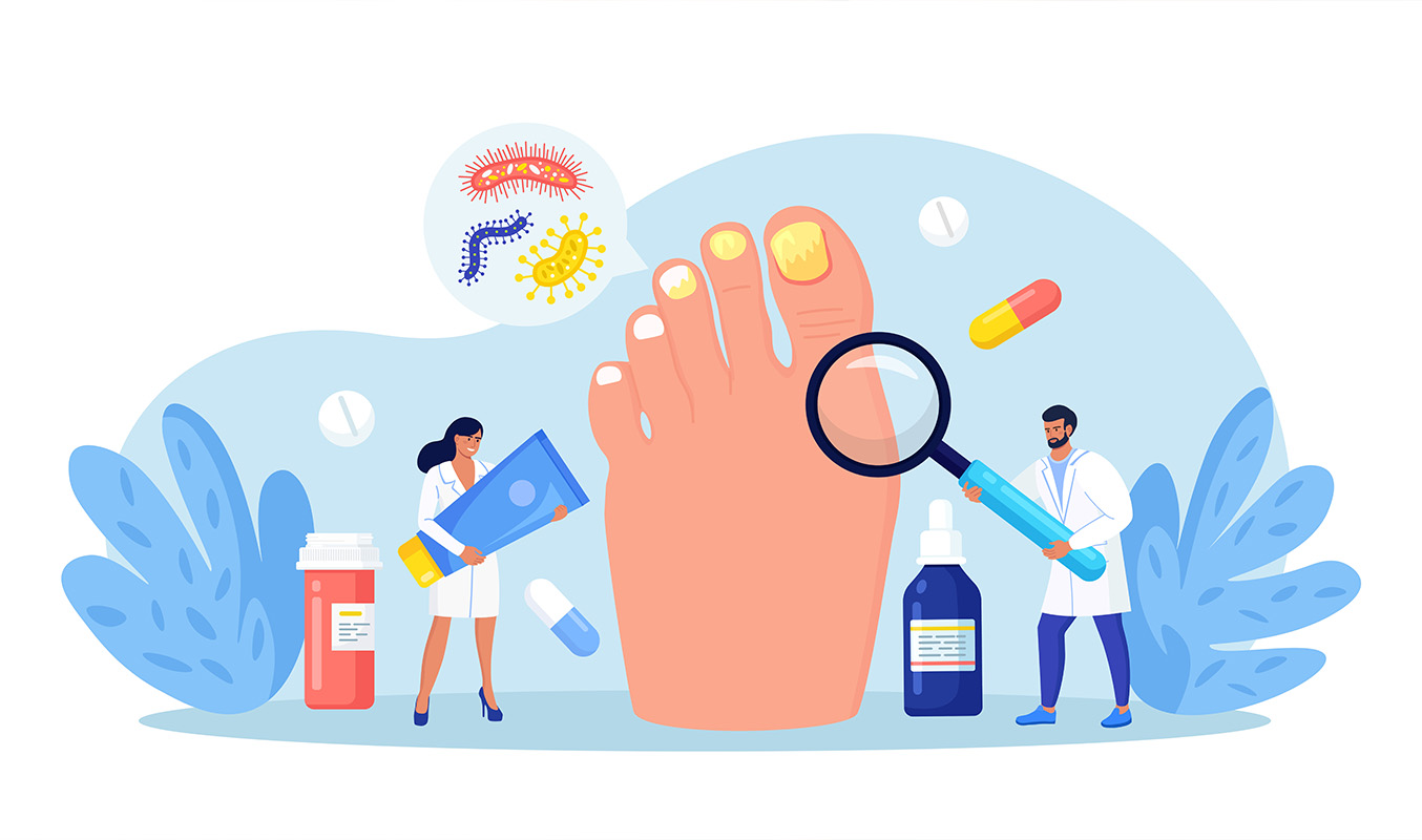 Illustration of medical providers looking at a foot.