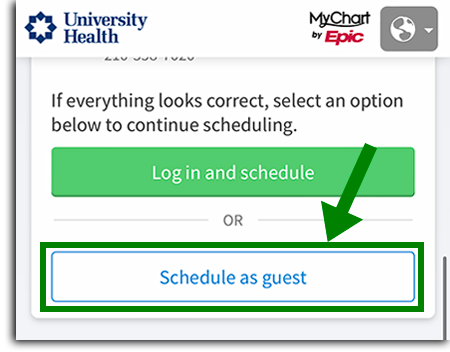 Screen shot of MyChart Guest button