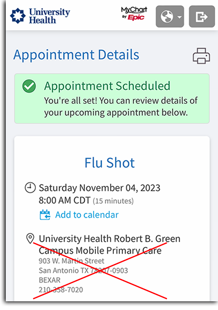 Screen shot of confirmed appointment and details