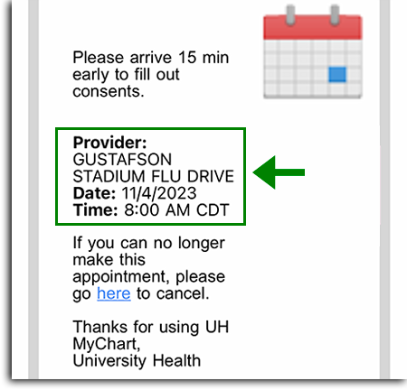 Screen shot of MyChart appointment confirmation email