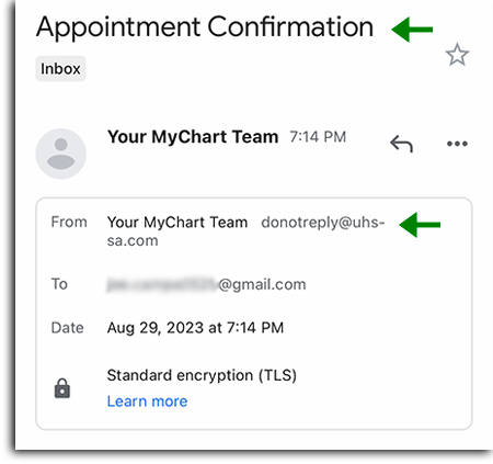 Screen shot of MyChart appointment confirmation email