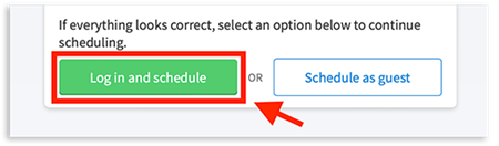 Arrow indicating to user to select "Log in and schedule" button if they have an activated University Health MyChart account