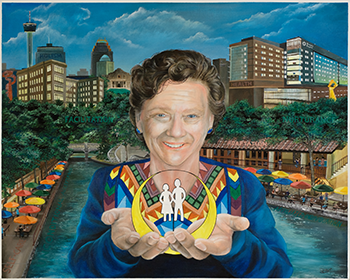Painting by Dr. Helen Erickson. It shows a smiling woman holding a sphere in her two hands. She is standing in front of the San Antonio Riverwalk, with the evening skyline in the background.