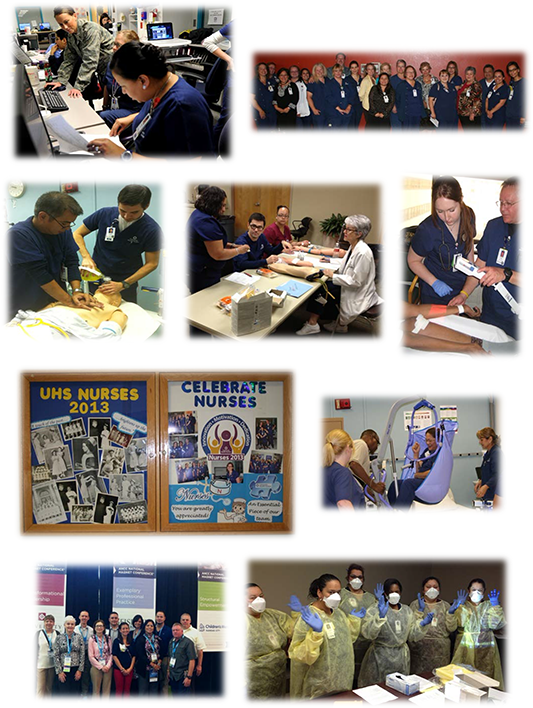 Collage of photos of University Health nurses at work and helping patients.