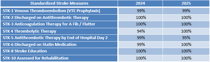 Table comparing standardized stroke measures for 2024 and 2025.