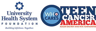 University Health Foundation. and WHO CARES: Teen Cancer America: Roger Daltrey and Pete Townshend logos