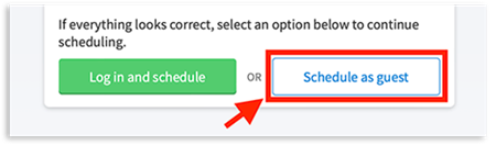 Arrow indicating to user to select "Schedule as Guest" button if they do not have  an activated University Health MyChart account