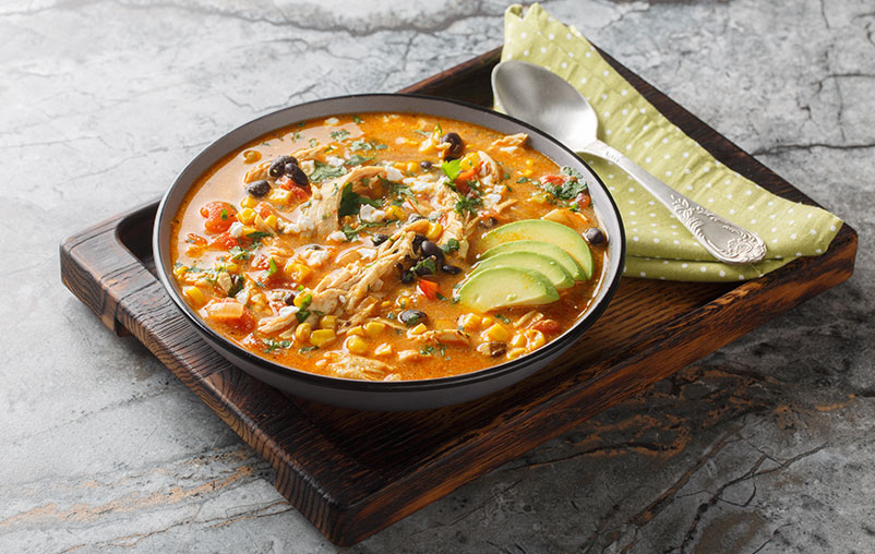 Chicken and poblano pepper enchilada bowl.